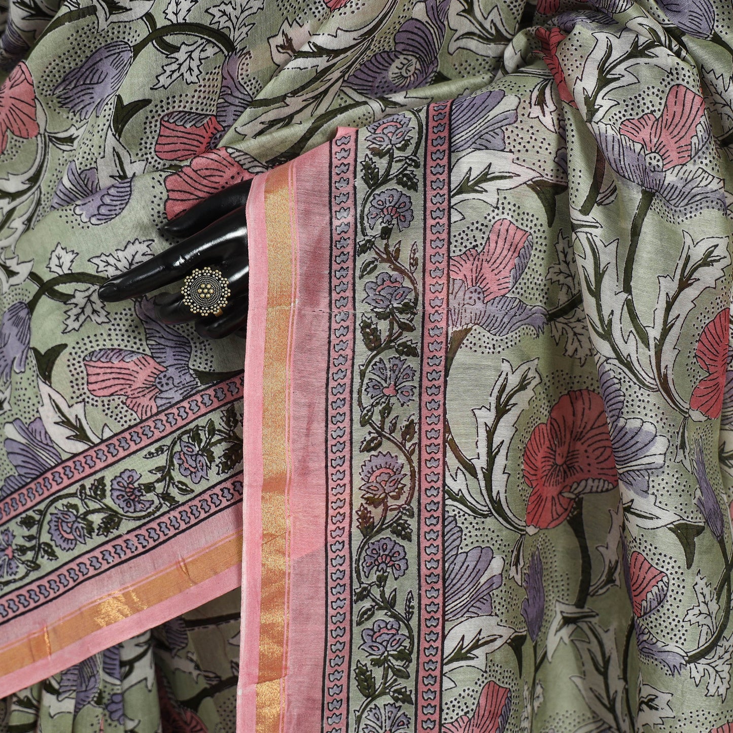 Block Print Chanderi Silk Sanganeri Saree with Zari Border