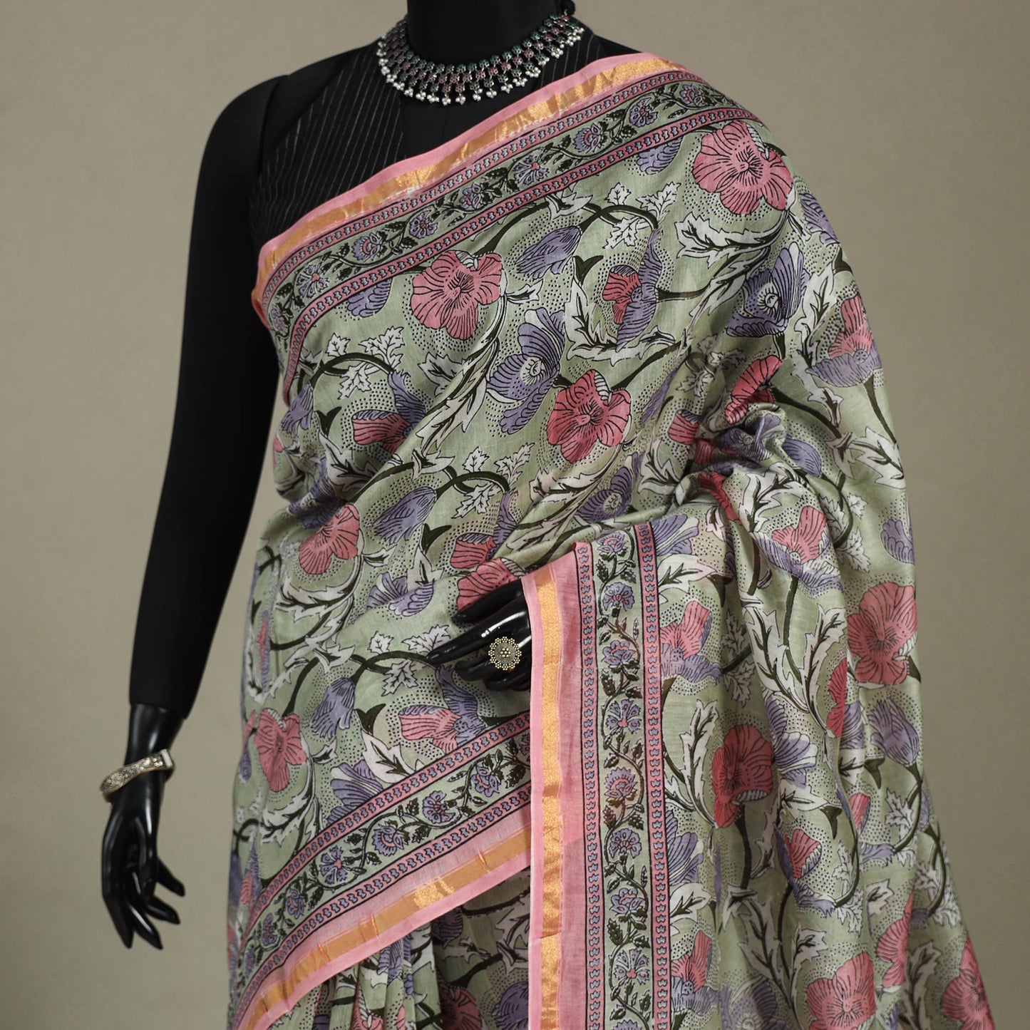 Block Print Chanderi Silk Sanganeri Saree with Zari Border
