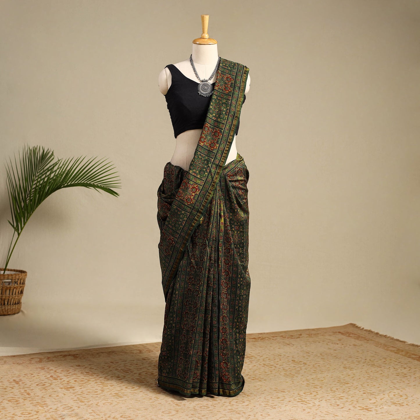 Green Chanderi Silk Block Print Ajrakh Saree
