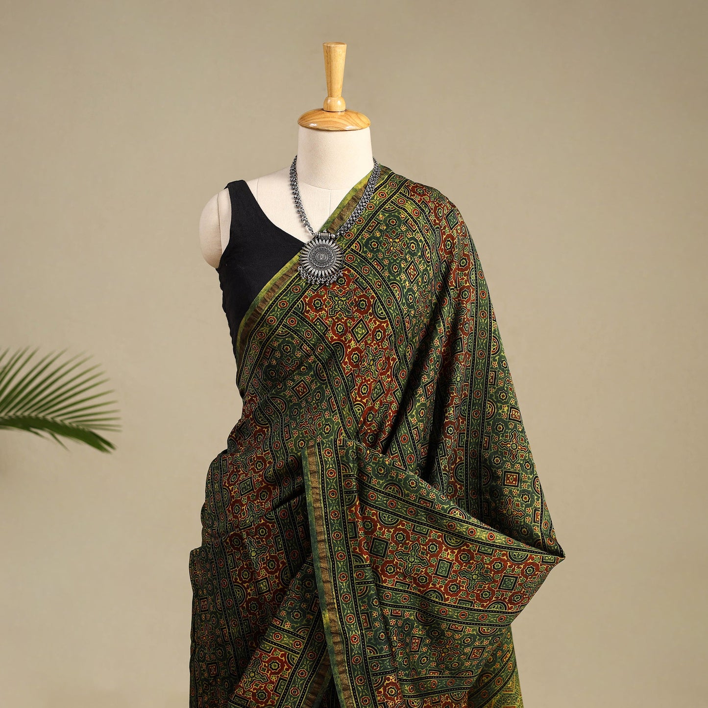 Green Chanderi Silk Block Print Ajrakh Saree