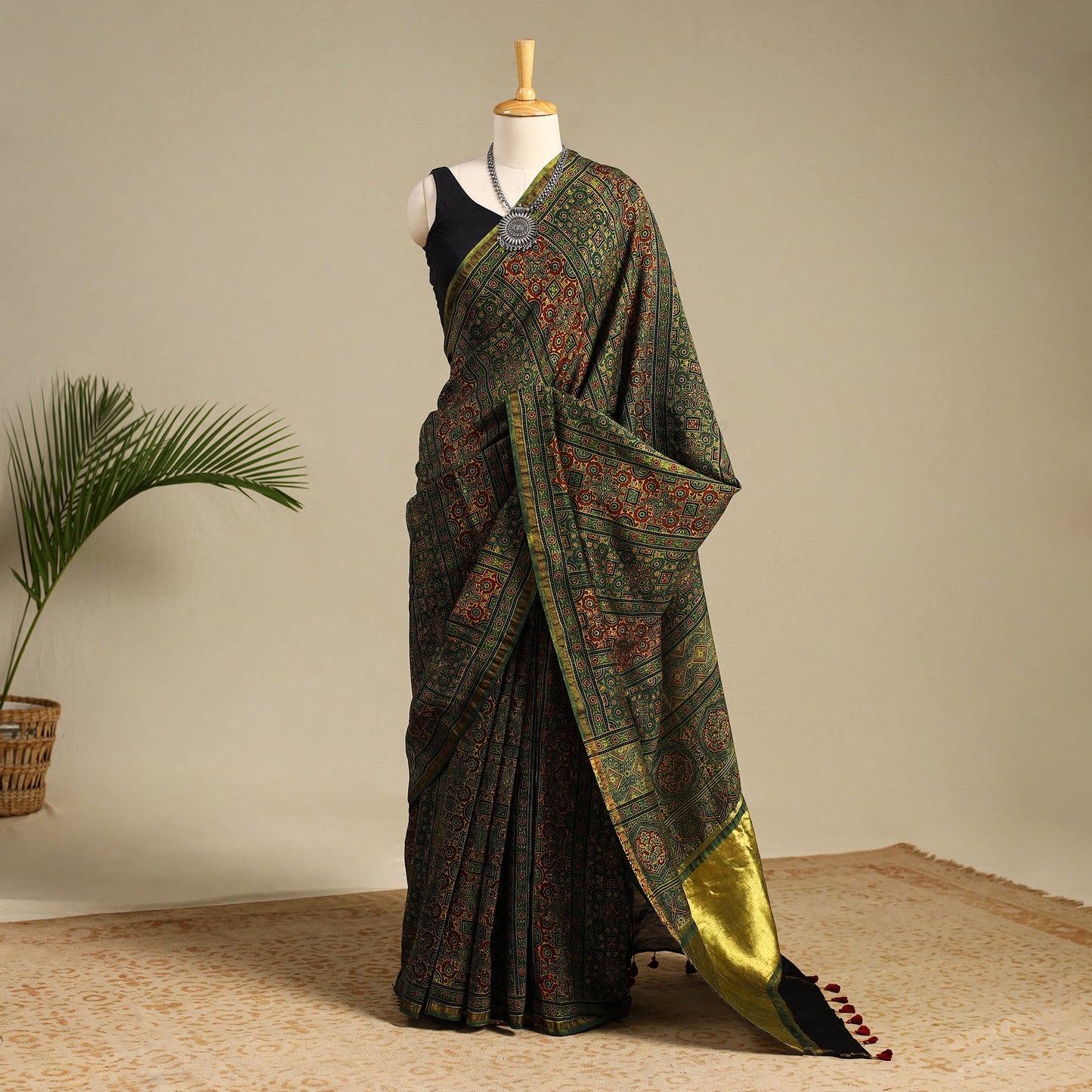 Green Chanderi Silk Block Print Ajrakh Saree