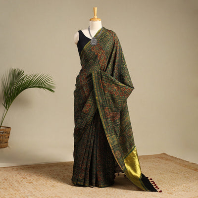 Green Chanderi Silk Block Print Ajrakh Saree