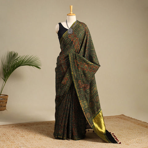 Green Chanderi Silk Block Print Ajrakh Saree