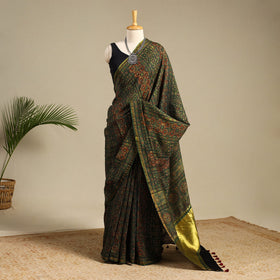 Green Chanderi Silk Block Print Ajrakh Saree