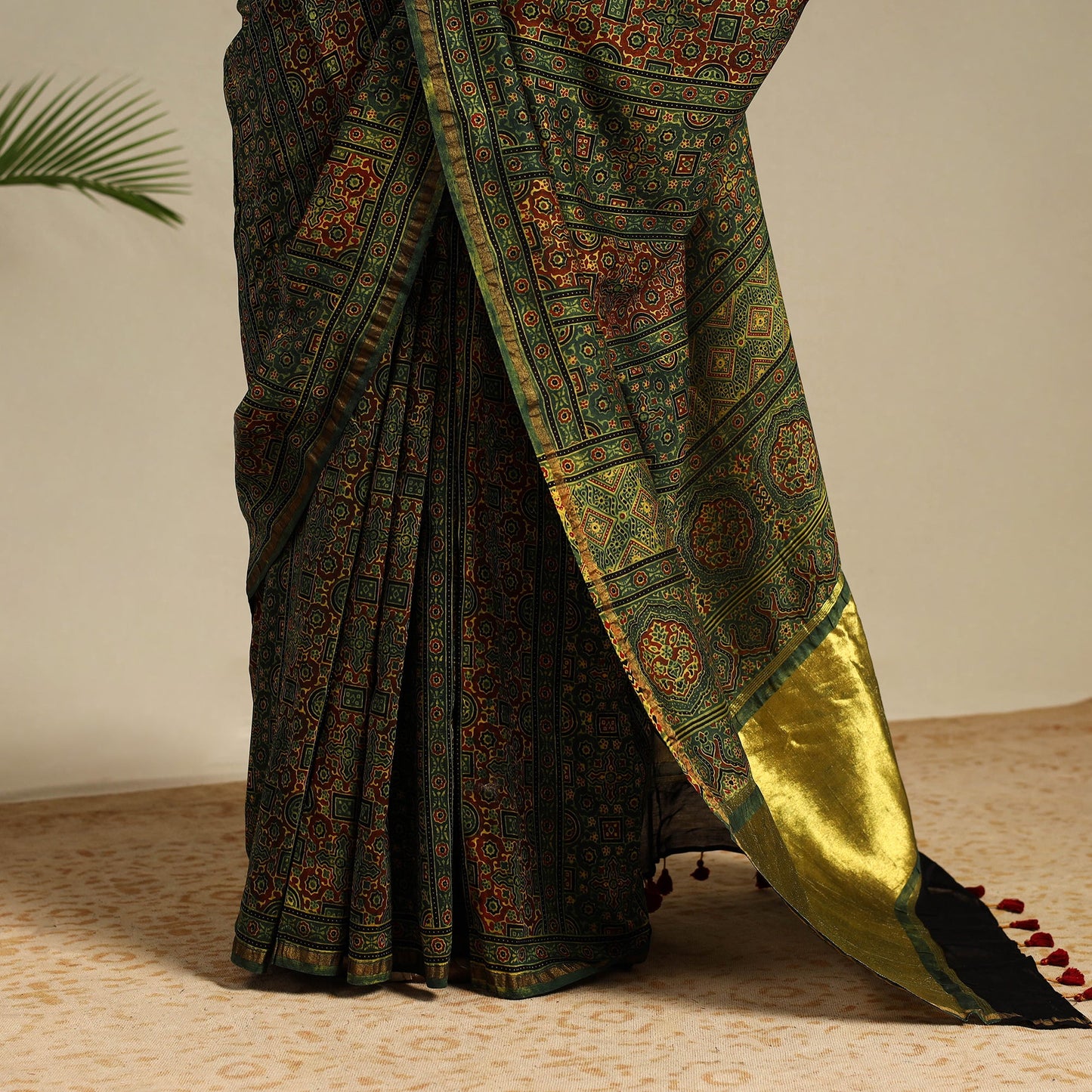 Green Chanderi Silk Block Print Ajrakh Saree