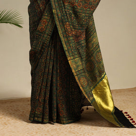Green Chanderi Silk Block Print Ajrakh Saree
