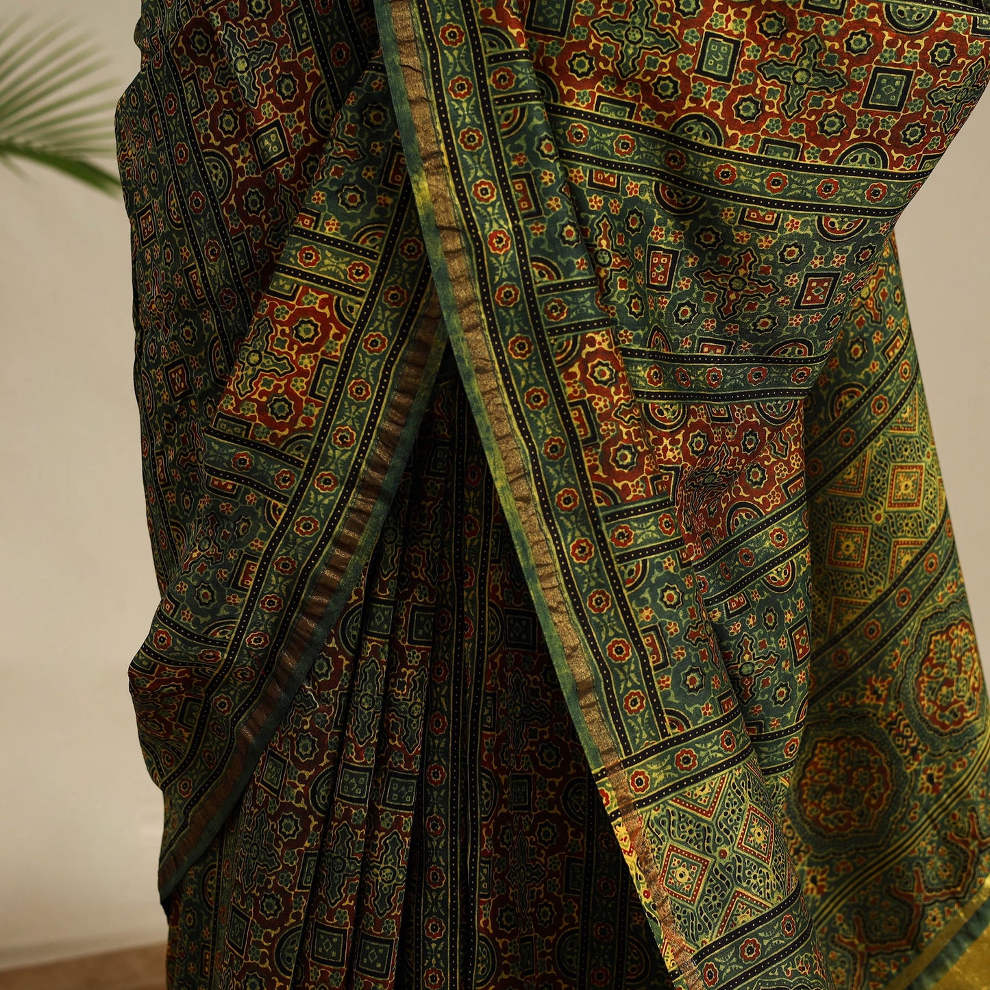 Green Chanderi Silk Block Print Ajrakh Saree