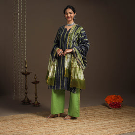 Green - chanderi silk shibori kurta set (set of 3) 09