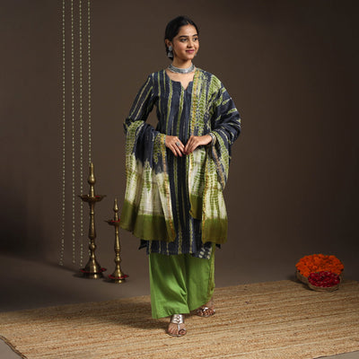 Green - chanderi silk shibori kurta set (set of 3) 09