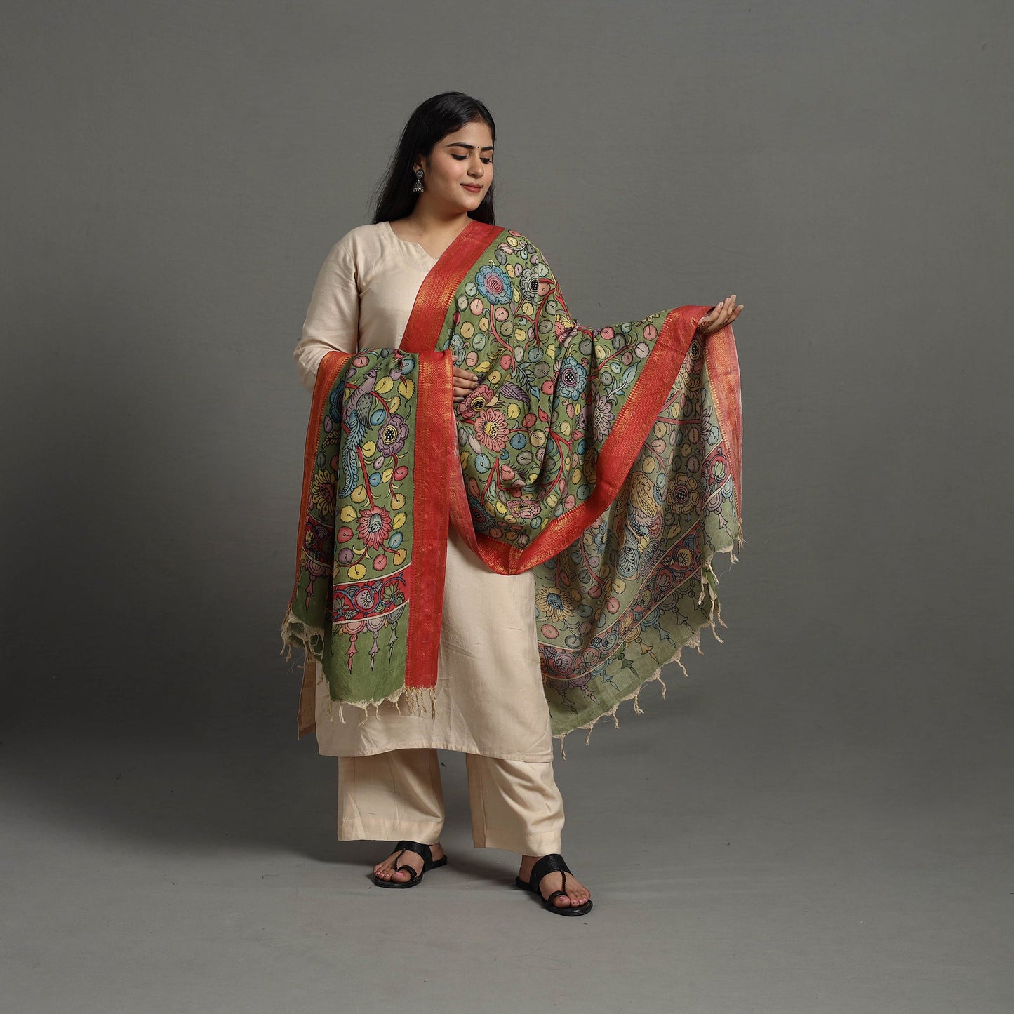 Green Chanderi Silk Srikalahasti Handpainted Pen Kalamkari Dupatta