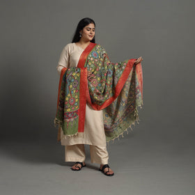 Green Chanderi Silk Srikalahasti Handpainted Pen Kalamkari Dupatta