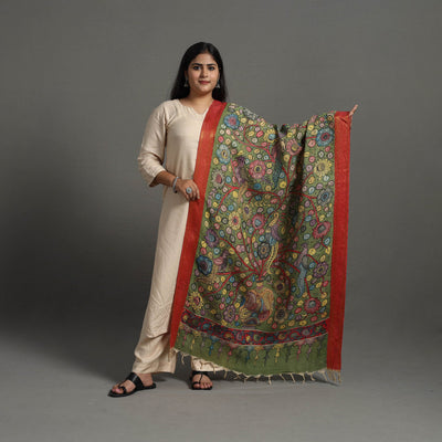 Green Chanderi Silk Srikalahasti Handpainted Pen Kalamkari Dupatta