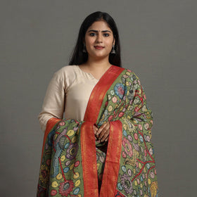 Green Chanderi Silk Srikalahasti Handpainted Pen Kalamkari Dupatta