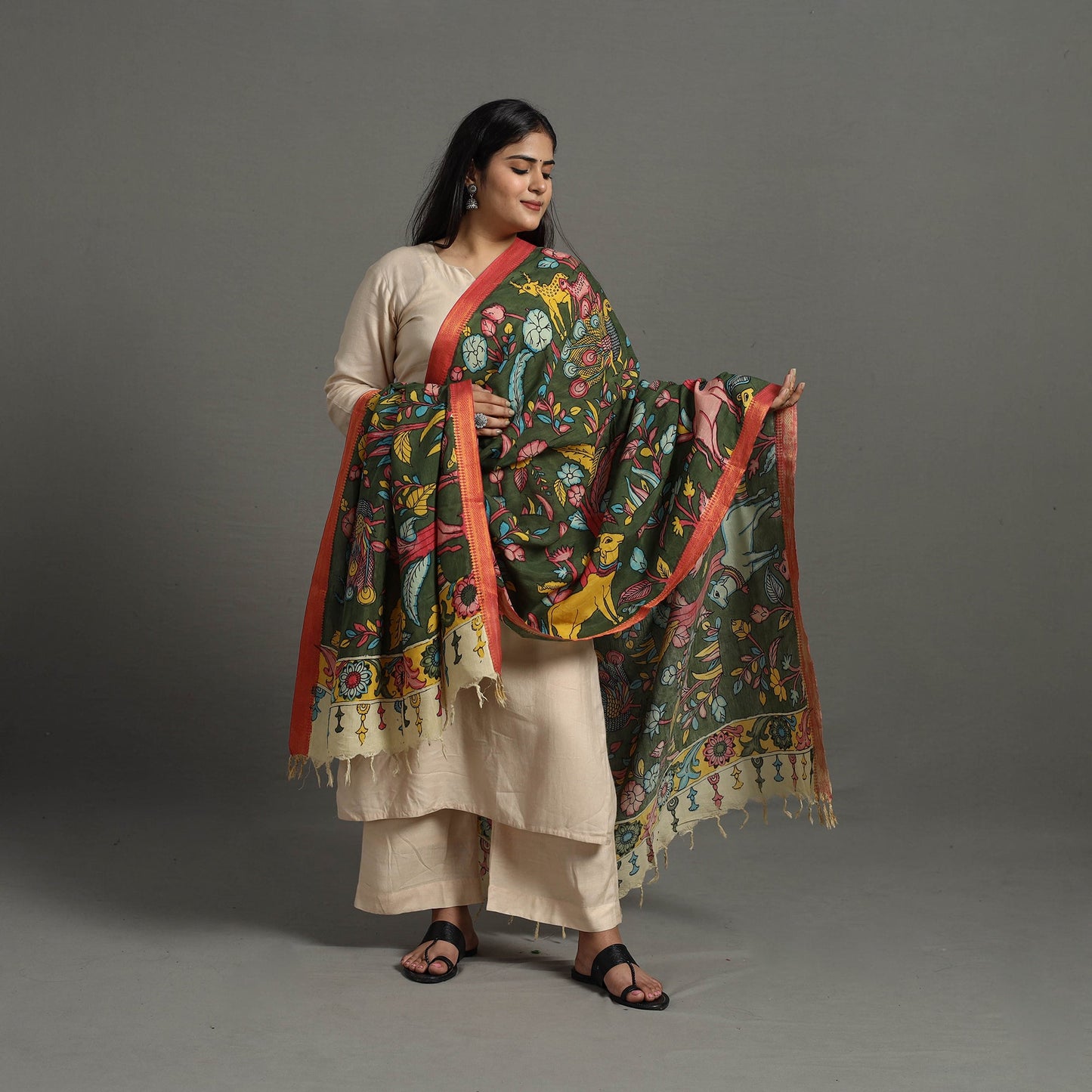 Green - chanderi silk srikalahasti handpainted pen