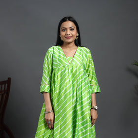  Green Chanderi Silk Tie-Dye Flared Leheriya Kurta for Women
