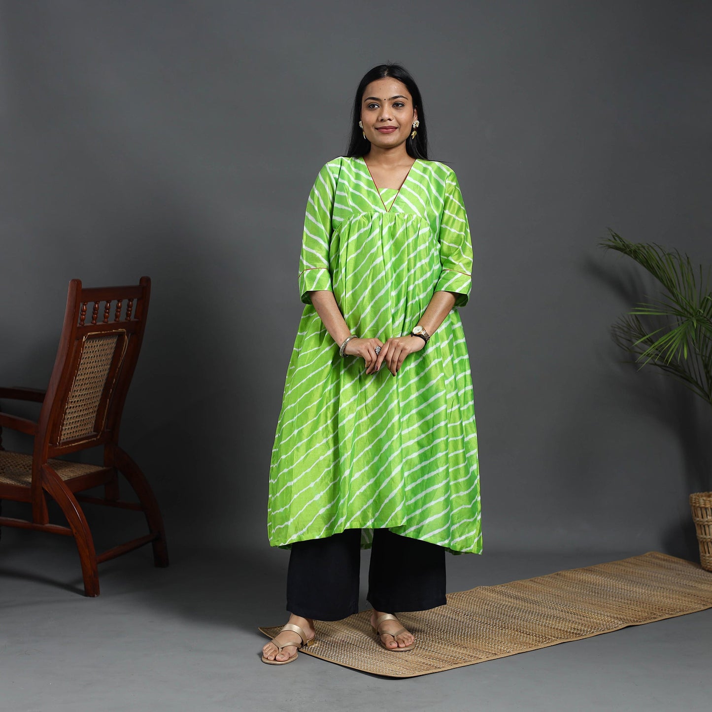  Green Chanderi Silk Tie-Dye Flared Leheriya Kurta for Women