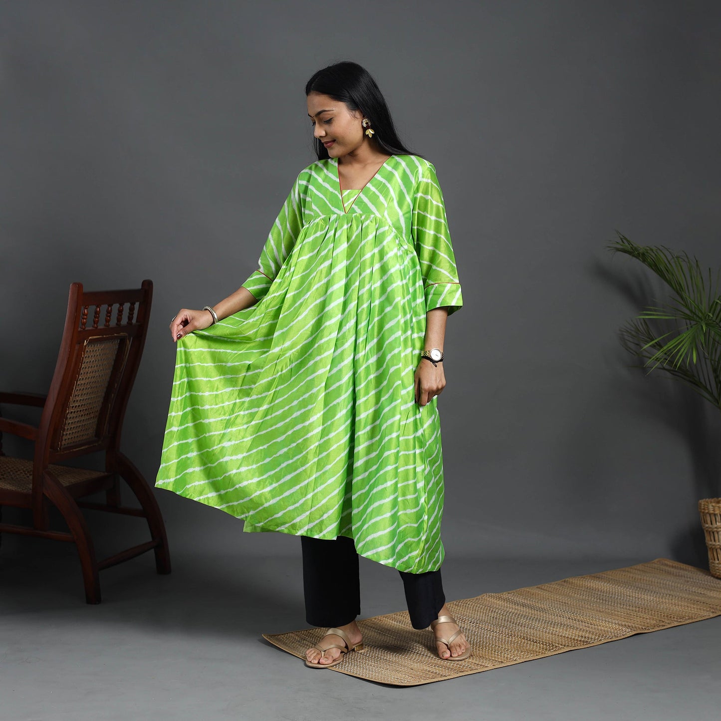  Green Chanderi Silk Tie-Dye Flared Leheriya Kurta for Women