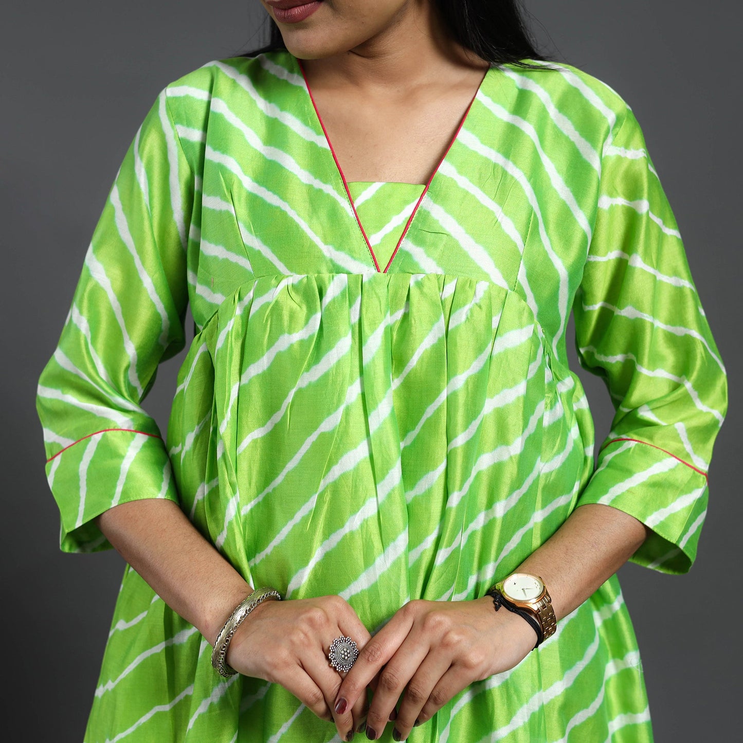  Green Chanderi Silk Tie-Dye Flared Leheriya Kurta for Women