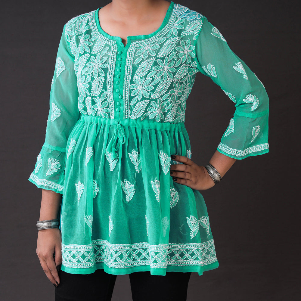 Buy Chikankari Hand Embroidered Short Flared Kurta / Top