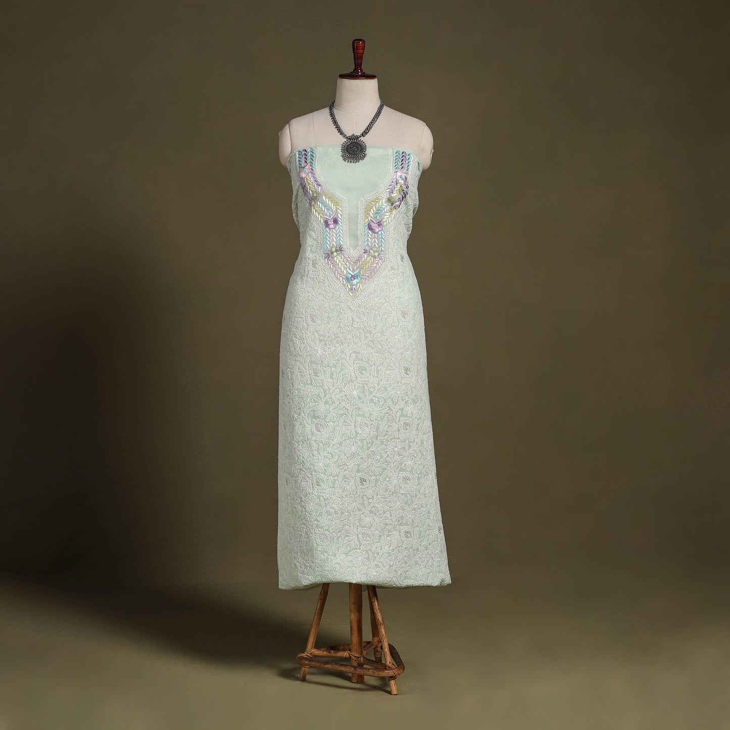 Green Chikankari with Parsi Style Embroidery Cotton Kurta Material