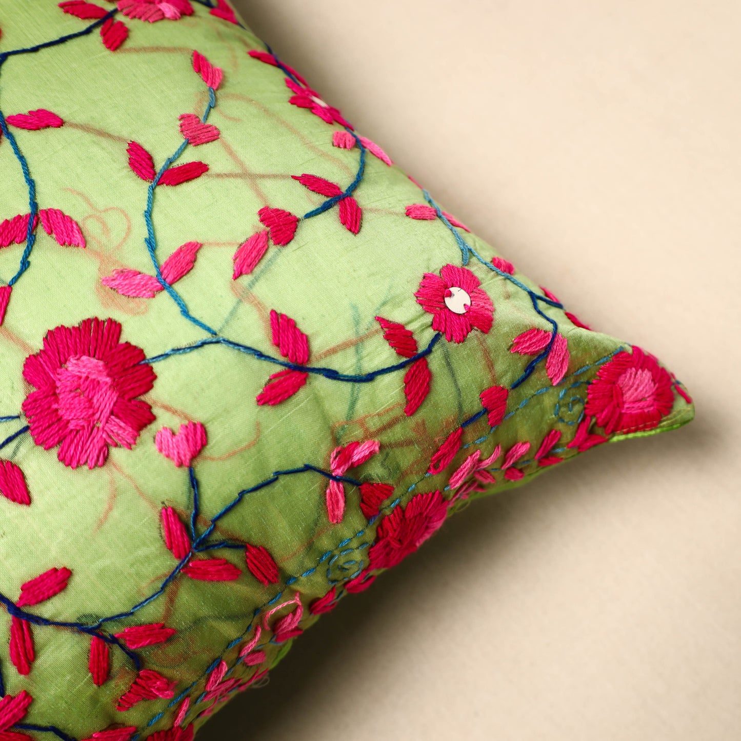  Green Chinon Phulkari Embroidered Cushion Cover