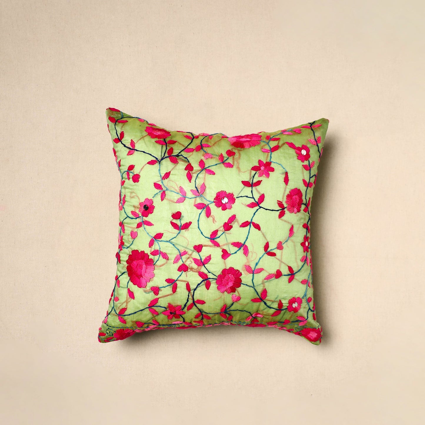  Green Chinon Phulkari Embroidered Cushion Cover
