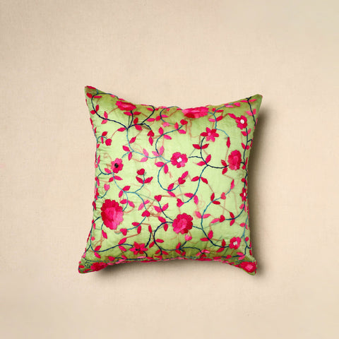  Green Chinon Phulkari Embroidered Cushion Cover