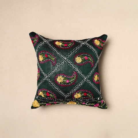 Buy Green Chinon Phulkari Embroidered Cushion Cover