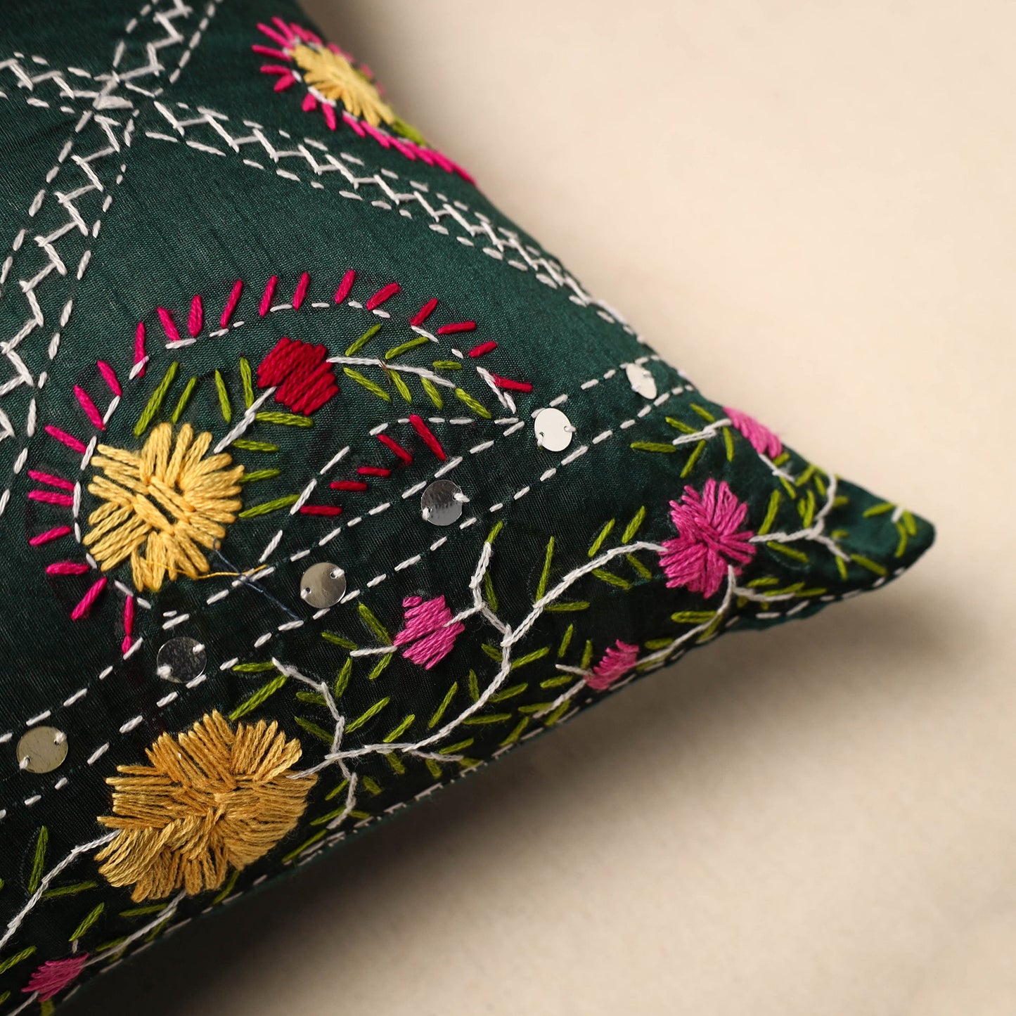 Buy Green Chinon Phulkari Embroidered Cushion Cover
