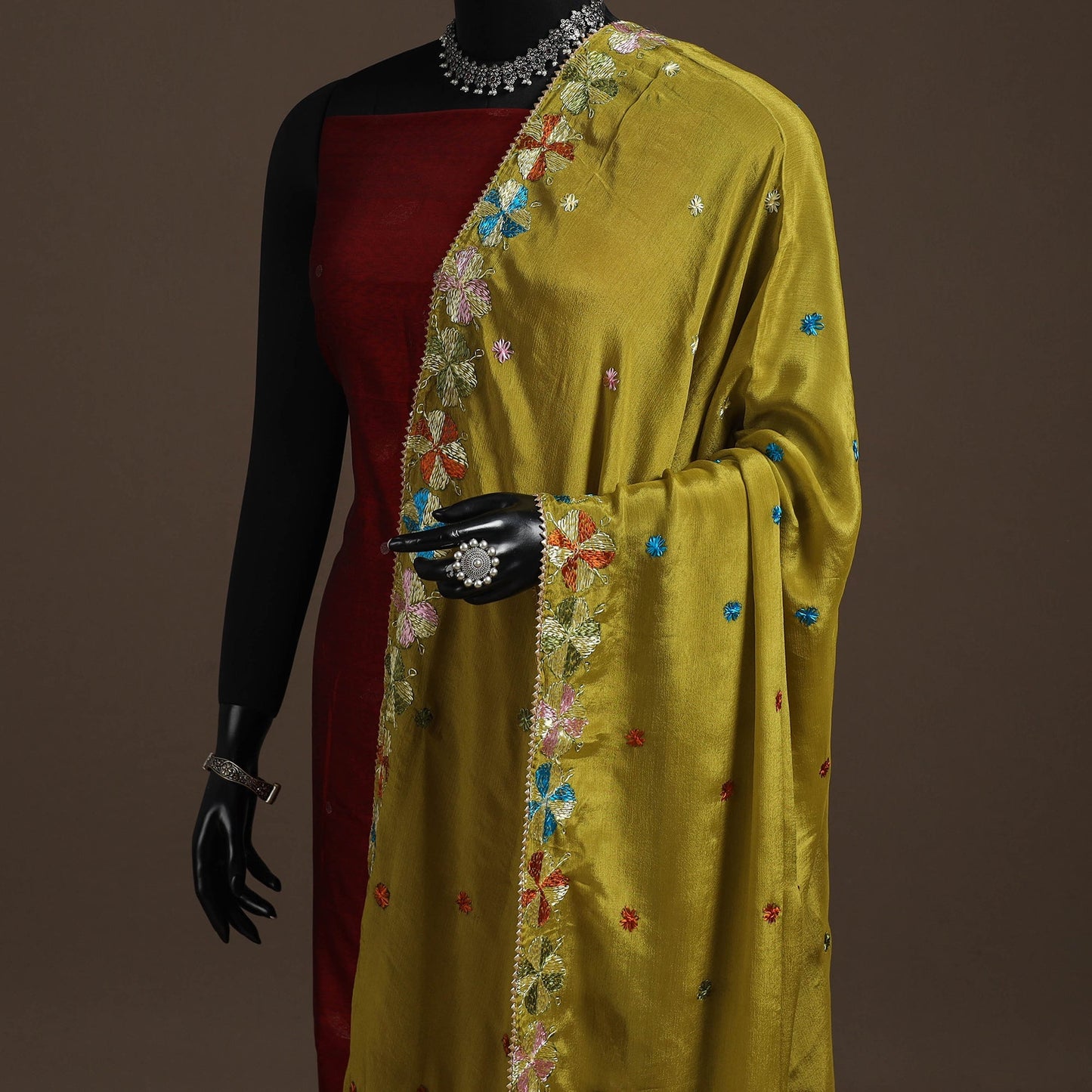 Chinon silk hand embroidered phulkari dupatta 06