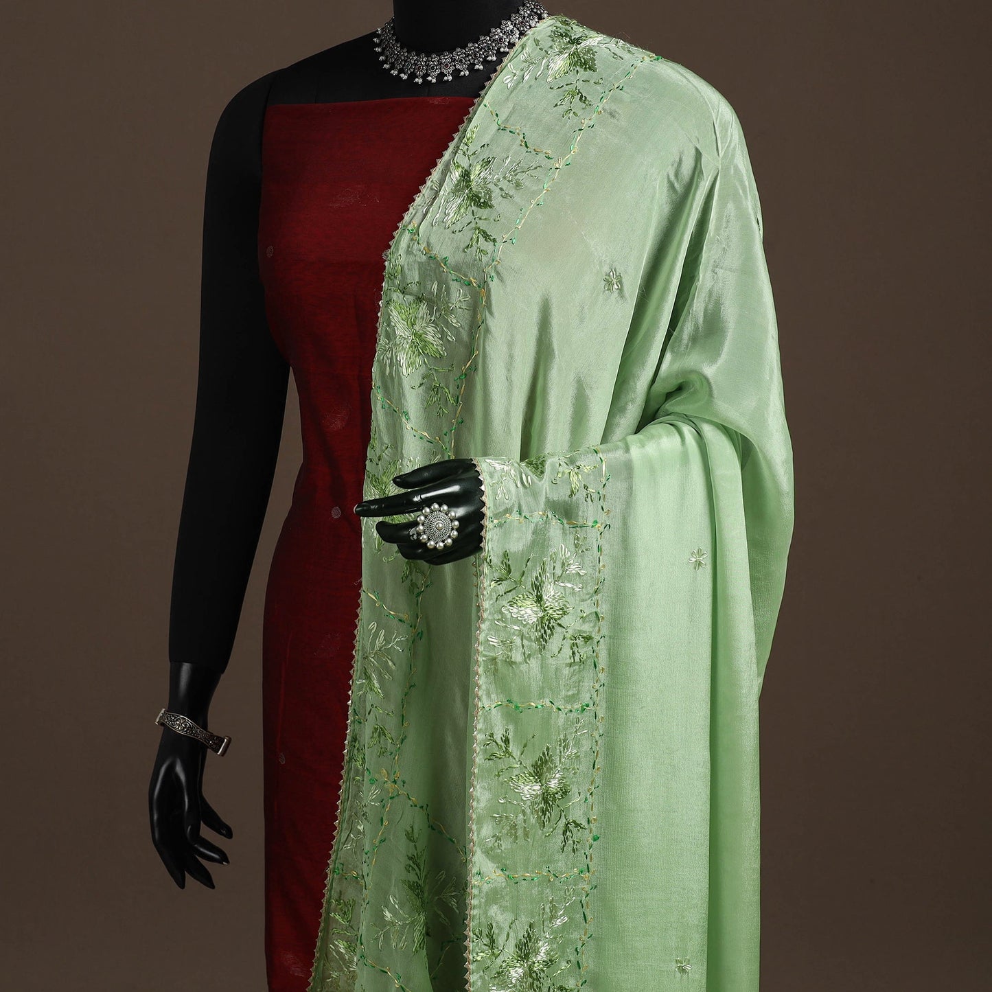 Chinon silk hand embroidered phulkari dupatta 07