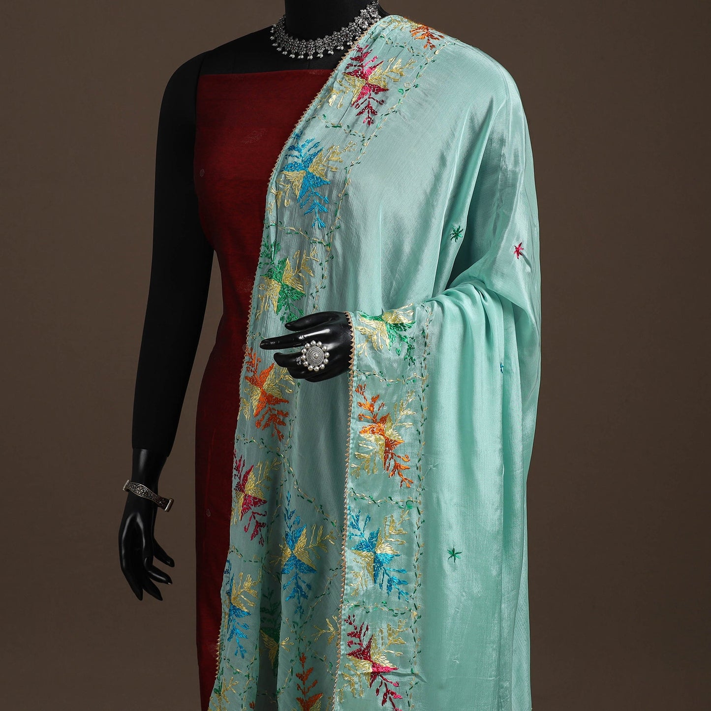 Chinon silk hand embroidered phulkari dupatta 08