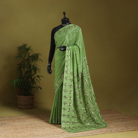 Green - chinon silk hand embroidery phulkari saree 03