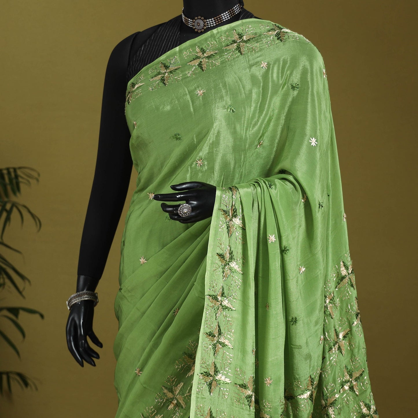 Green - chinon silk hand embroidery phulkari saree 03