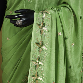 Green - chinon silk hand embroidery phulkari saree 03