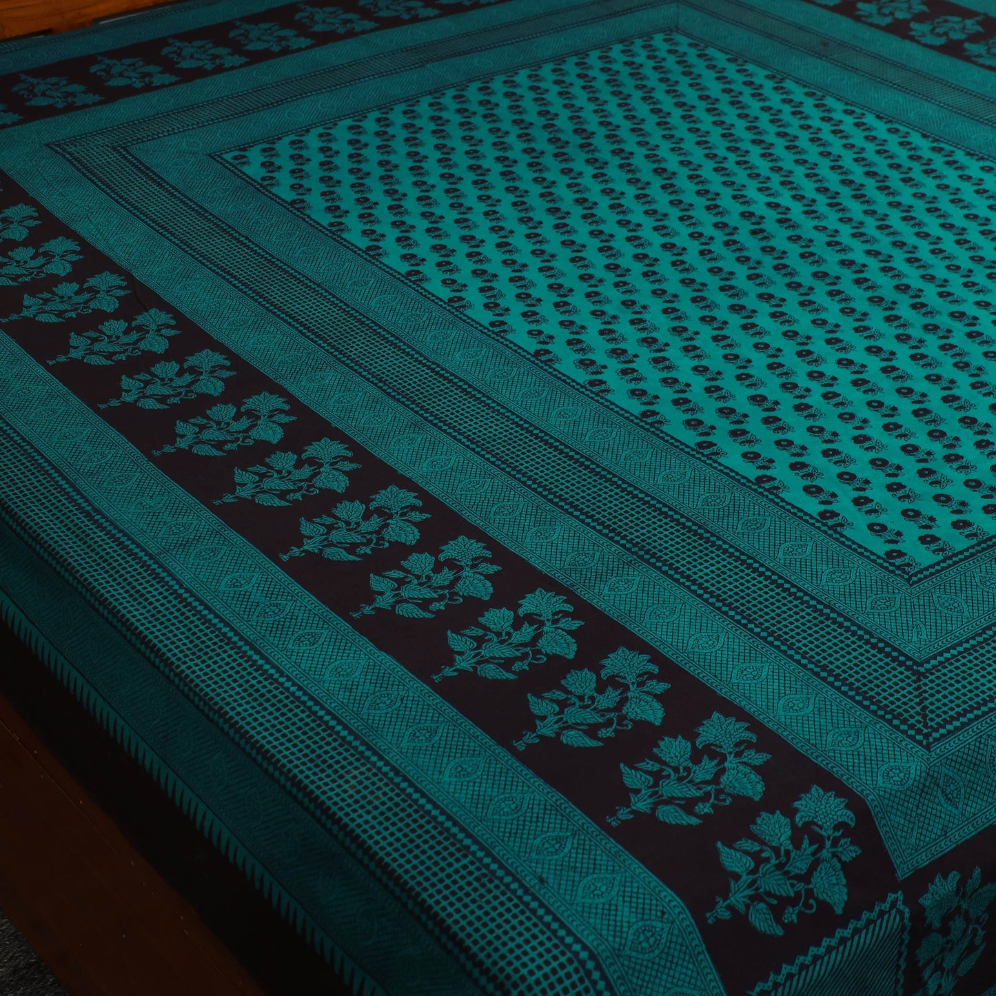 Buy Green Block Print Cotton Bagh Double Bed Sheet Online