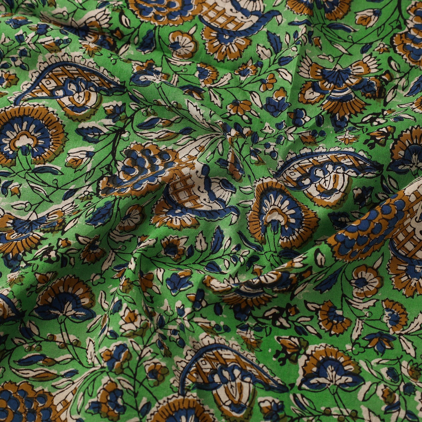 Green Block Print Cotton Bagru Fabric