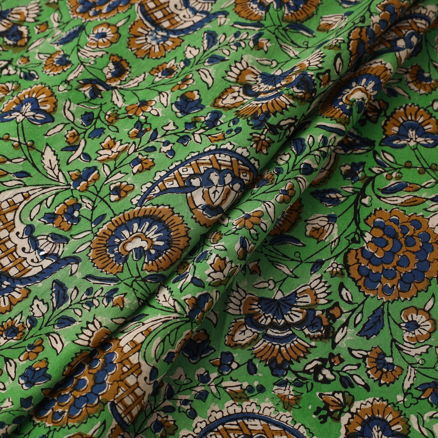 Green Block Print Cotton Bagru Fabric