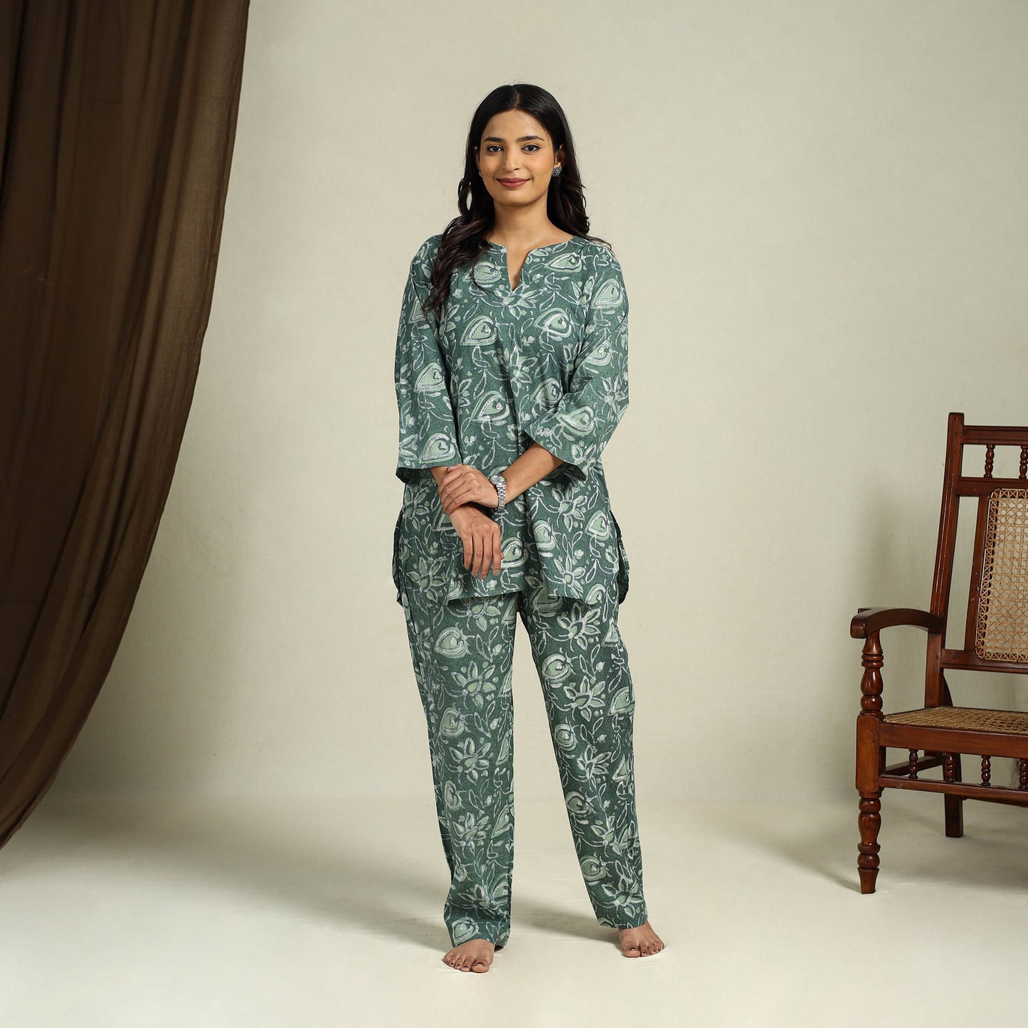 Buy Green Block Print Cotton Bagru Night Suit Set
