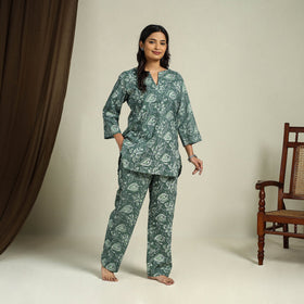 Buy Green Block Print Cotton Bagru Night Suit Set