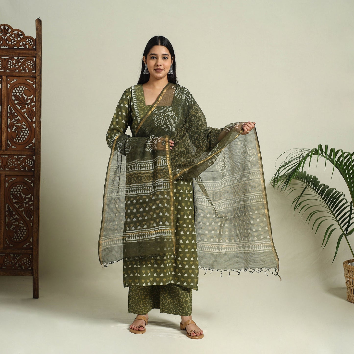 Buy Cotton Green Batik Print Kurta Set