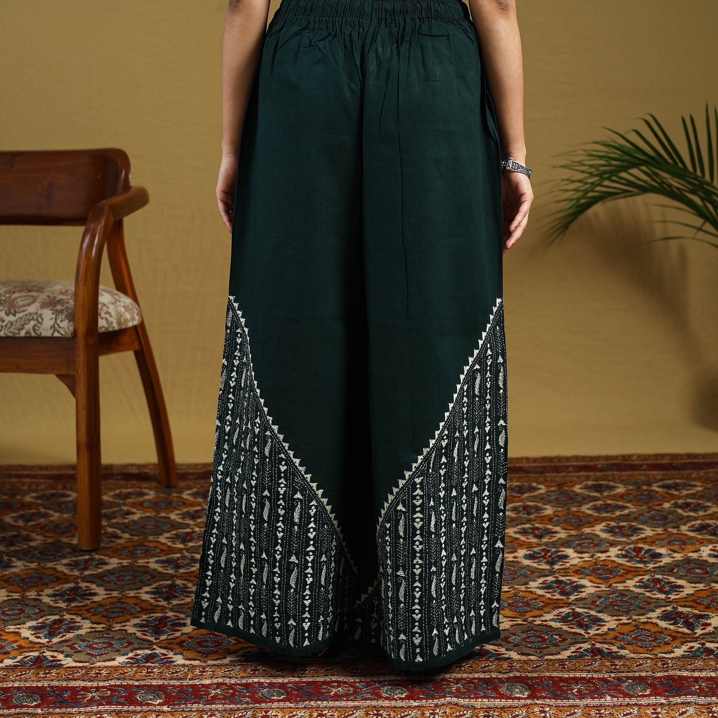 Green Cotton Bengal Kantha Hand Embroidery Palazzo