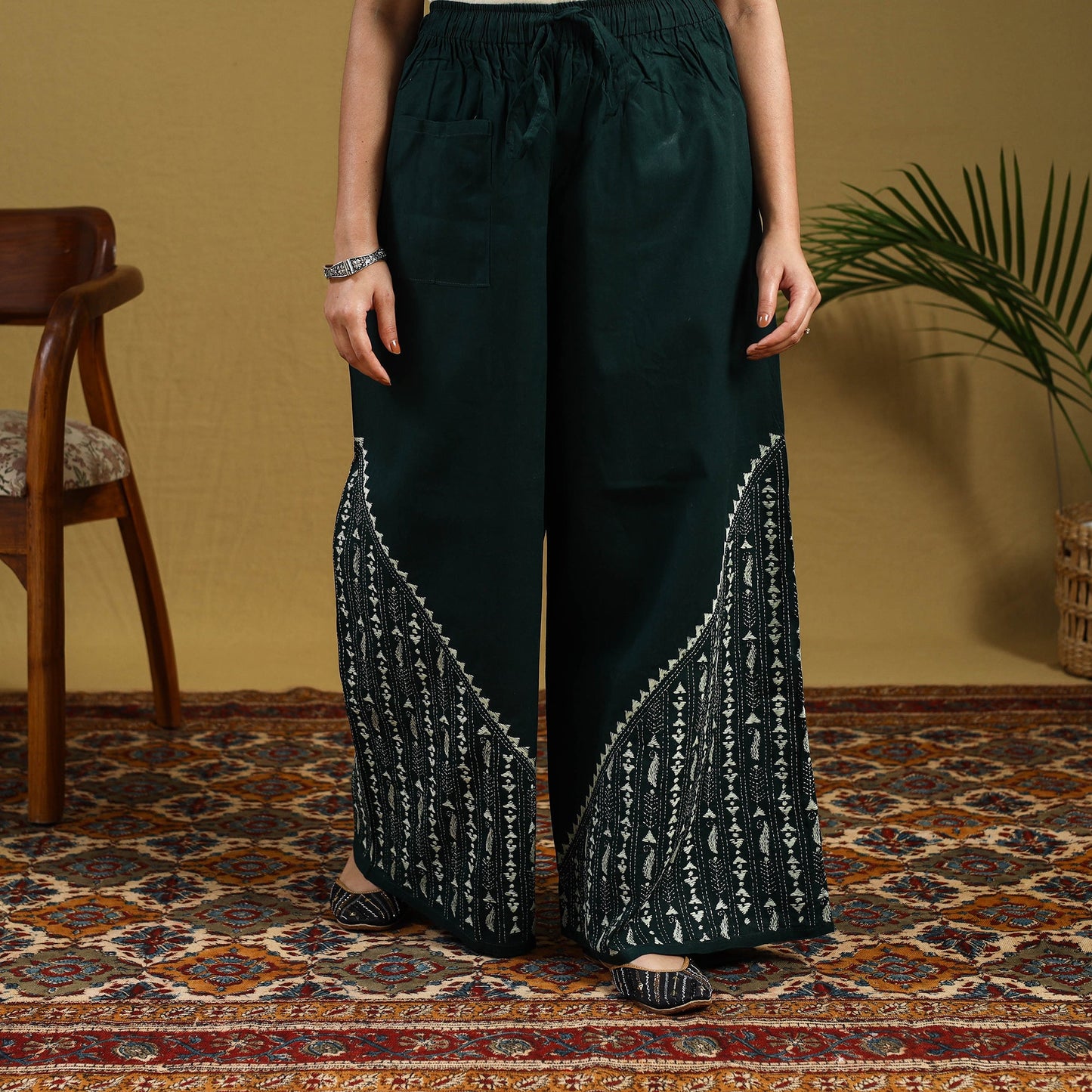 Green Cotton Bengal Kantha Hand Embroidery Palazzo