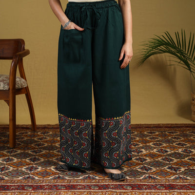 Buy Green Cotton Bengal Kantha Hand Embroidery Palazzo