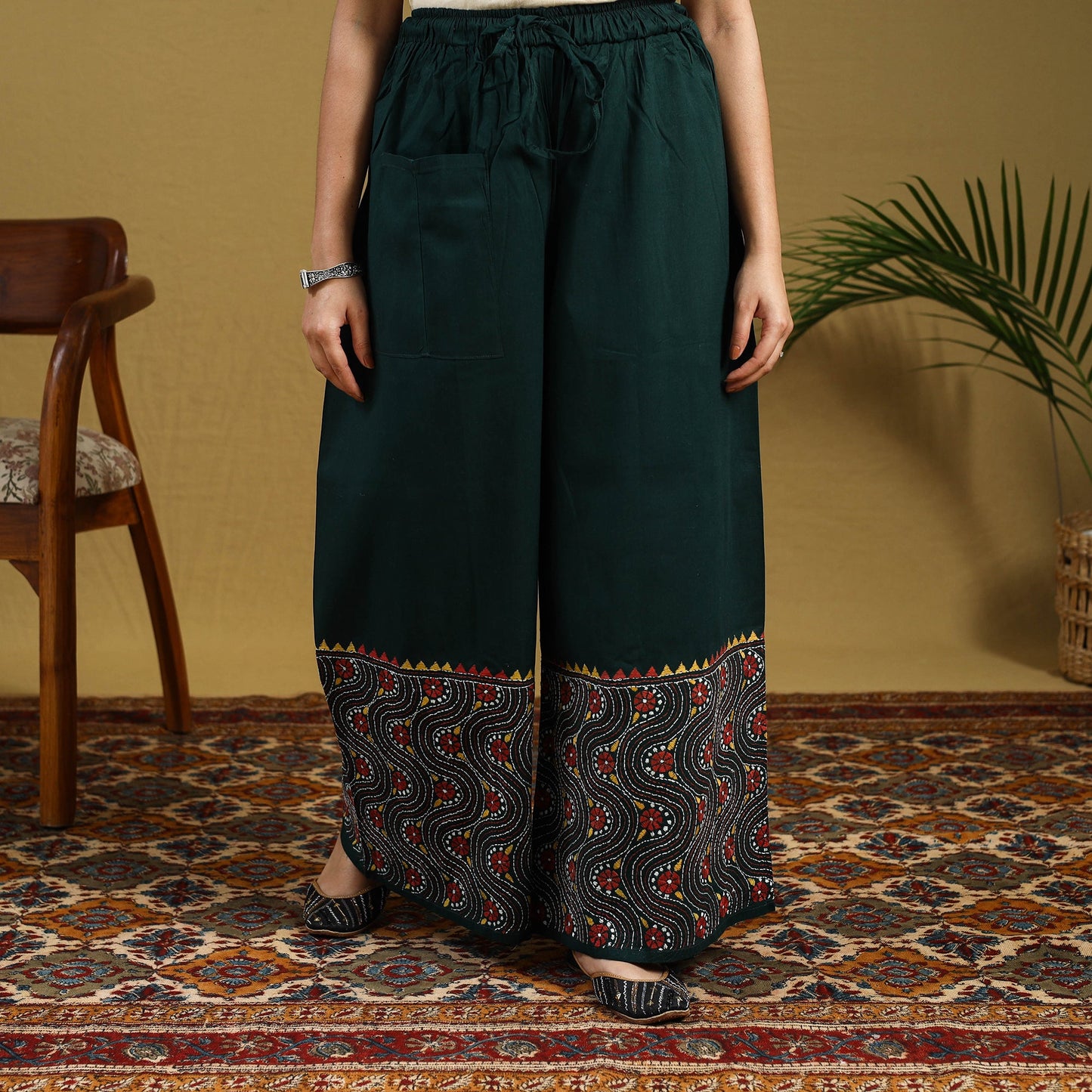 Buy Green Cotton Bengal Kantha Hand Embroidery Palazzo