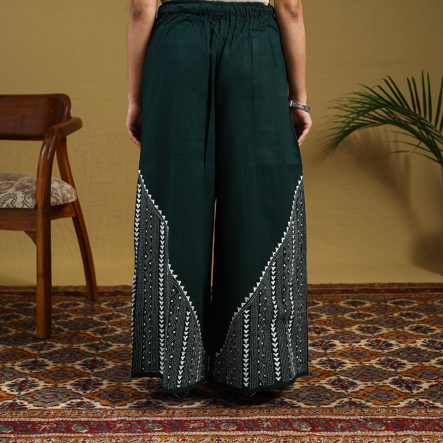 Green Cotton Bengal Kantha Hand Embroidery Palazzo