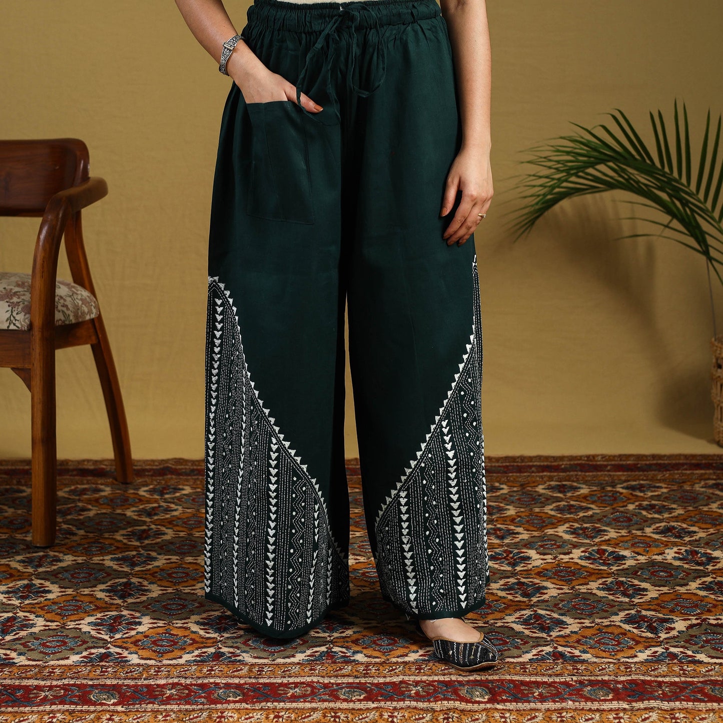 Green Cotton Bengal Kantha Hand Embroidery Palazzo