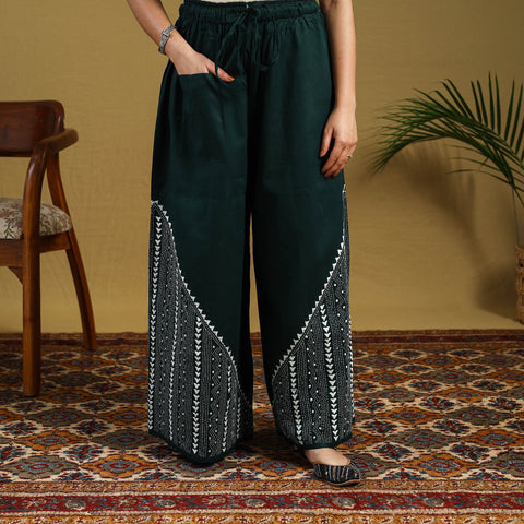 Green Cotton Bengal Kantha Hand Embroidery Palazzo