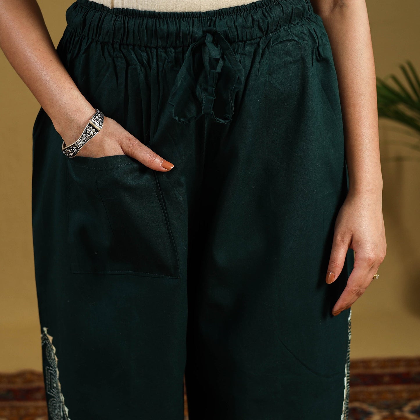  Green Cotton Bengal Kantha Hand Embroidery Palazzo