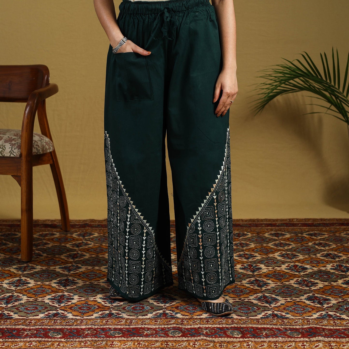  Green Cotton Bengal Kantha Hand Embroidery Palazzo